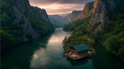 aerial view beautiful nature scenery , wooden cabin raft house on long river surround with mountain 