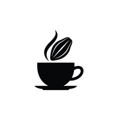 Black silhouette of a coffee cup with steam and cocoa bean