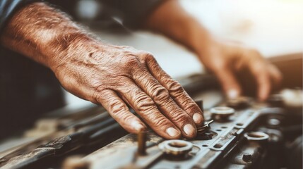 Close up of a senior mechanic's weathered hands working on a car engine. Concept of experience, manual labor, skill and expertise. For automotive services or craftsmanship themes.