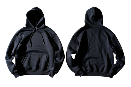 Mockup of black hoodie oversize, presentation on a hanger, unfolded, isolated on transparent background.