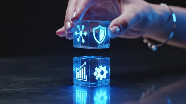 Futuristic innovation in technology showcased through glowing cubes, featuring icons of data analysis, security, and engineering, creating modern atmosphere of digital solutions and progress