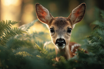 Close up portrait of a cute, vulnerable baby deer. Fawn in a forest.