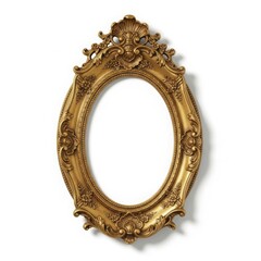 Ornate antique gold oval picture frame with intricate carvings isolated on white background