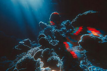 Dark underwater scene with coral reef and glitch art visual error effect