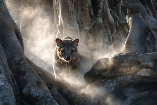 A Madagascan Fossa in the mist in an old forest. Rare wildlife photography.