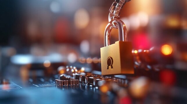 A conceptual image of a digital lock securing a network of interconnected devices, symbolizing the safeguarding of personal and business data from online threats in a high-tech digital environment
