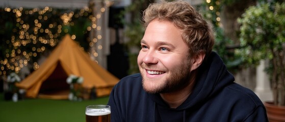 A man sits by a campfire, enjoying a warm drink as he relaxes near his tent surrounded by lush greenery in the evening
