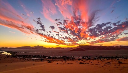 Dramatic sunset over Namib Desert landscape in Namibia, Africa.