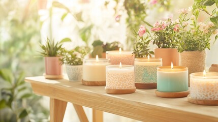 A collection of artisanal candles on a light wooden shelf, with soft, diffused light in the background casting a warm, inviting glow