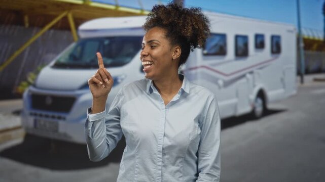 Woman smiling and points finger upward on sunlit street beside parked camper van with open door and city structures visible; happy travel inspiration.