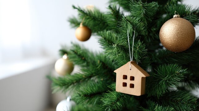 A handcrafted wooden house ornament dangles from a lush Christmas tree, creating a warm and inviting holiday atmosphere in the room