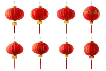 Eight red chinese lanterns isolated on transparent background