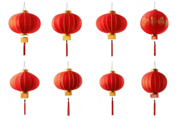 Eight red chinese lanterns isolated on transparent background
