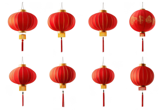 Eight red chinese lanterns isolated on transparent background