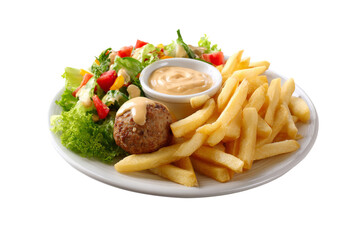 french fries with vegetables salad, sauce drip and meatball in plate for snack meal isolated on transparent background.