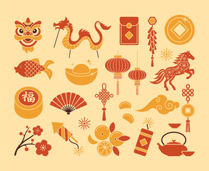 Flat vector set of Chinese New Year icons with traditional symbols. Dragon, lanterns, lion mask, gold ingot, lucky coin, plum blossom, dumplings, oranges, and tea pot