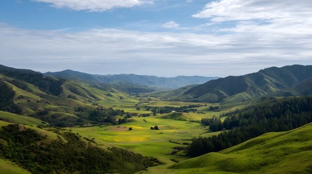 A serene and expansive view of a lush green valley with rolling hills under a bright cloudy sky - Powered by Adobe