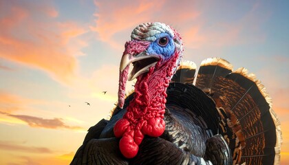 Close-up of a Wild Turkey with Colorful Head and Wattle.