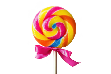 Colorful swirl lollipop with pink bow isolated on transparent background