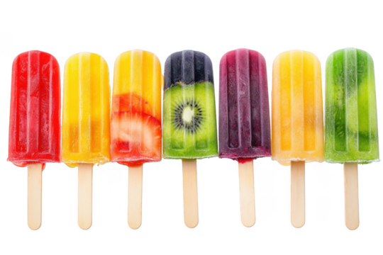 Assortment of colorful fruit popsicles isolated on transparent background