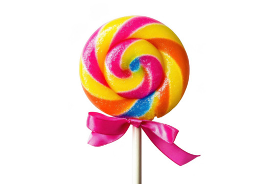Colorful swirl lollipop with pink bow isolated on transparent background