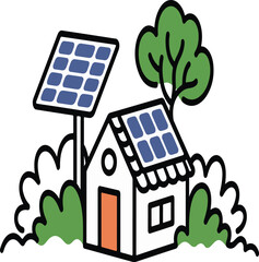 Illustrated house with rooftop solar panels and outdoor array, symbolizing clean renewable energy and sustainable future