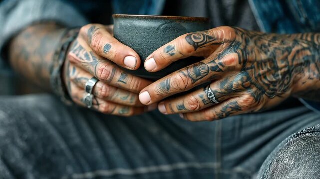 Stylish hand close-up of tattooed person holding a ceramic cup in a relaxed setting, showcasing intricate designs and meaningful connections to art and lifestyle