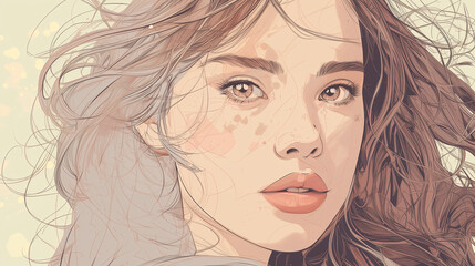 Beautiful line art portrait of a woman with flowing hair and captivating eyes on a soft background