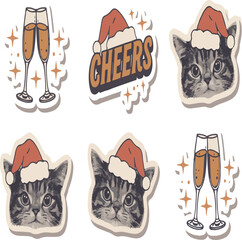 Set of six festive holiday stickers featuring adorable cats in Santa hats, champagne flutes, and a 'Cheers' text for celebration.