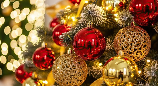 Bright Red and Gold Ornaments Adorning a Festive Christmas Tree With Twinkling Lights - Powered by Adobe