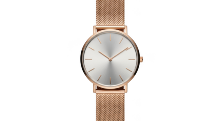 Elegant oval rose gold mesh band watch isolated on transparent background