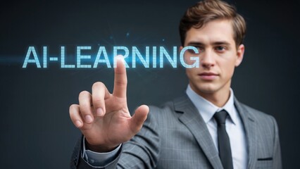 Young professional confidently interacts with glowing AI learning interface, embracing future technology and innovation for business growth and development.