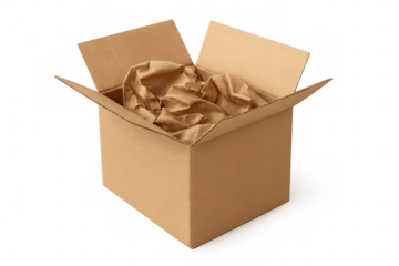 Open cardboard box with brown packing paper inside, ready for product shipping and delivery on transparent background