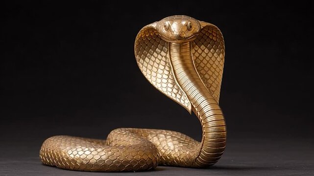 Golden cobra statue bronze metal sculpture reptile snake with hood and scale detail, coiled form dramatic studio lighting dark background, elegant curve and fierce gaze evoke awe, mystique, tension
