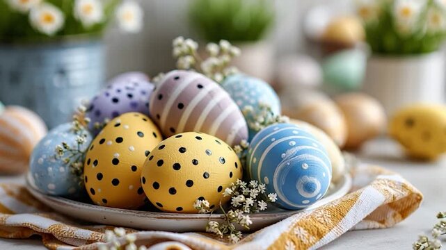 Pastel egg Easter egg spring decor polka dot stripe pattern floral accent rustic table soft light holiday craft festive color Pastel Easter egg spring decoration painted shell cheerful mood