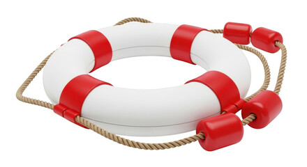 Red and white lifebuoy with rope isolated on transparent background