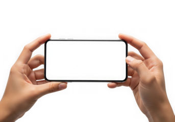 Hands holding a smartphone horizontally a blank white screen, isolated on transparent background