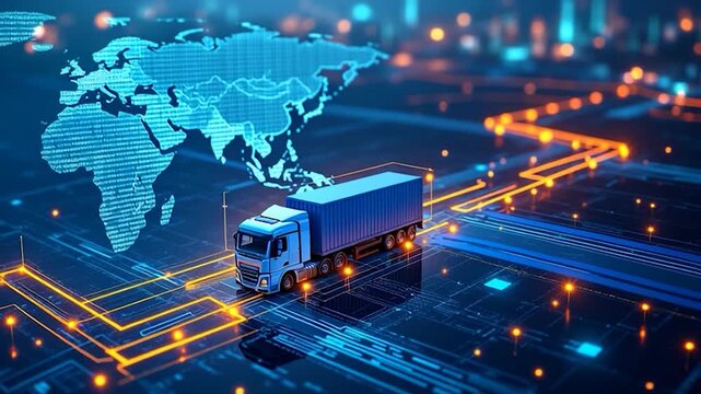 Smart logistics freight truck global map with digital network supply chain efficiency, neon line route tracking, cargo transport technology, modern infrastructure, highway shipping, precision - Powered by Adobe
