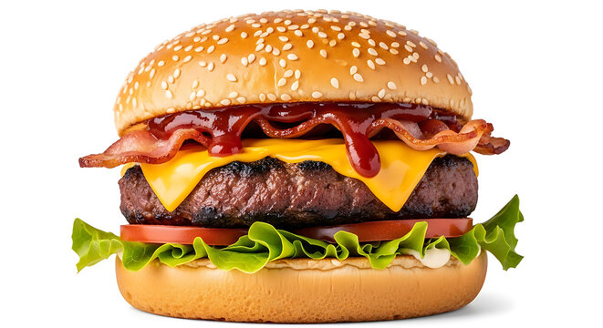 Juicy bacon cheeseburger with lettuce and tomato isolated on transparent background