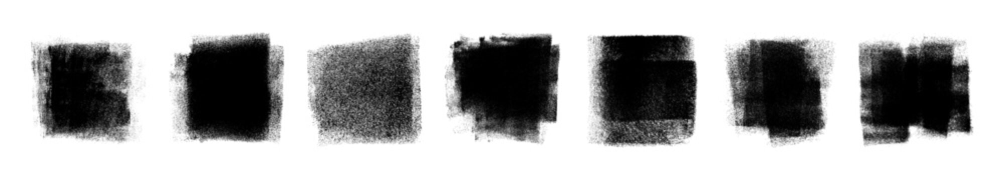 Grunge rolled ink stamp textures hand made with brayer. Linocut relief printing shapes set. Eroded letterpress rough irregular square backgrounds. Vector illustration isolated on transparent backdrop