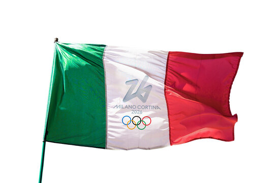 Photo of the logo of the 2026 winter olympics Milano Cortina on an italian flag on a pole isolated on white or transparent background, png cut out