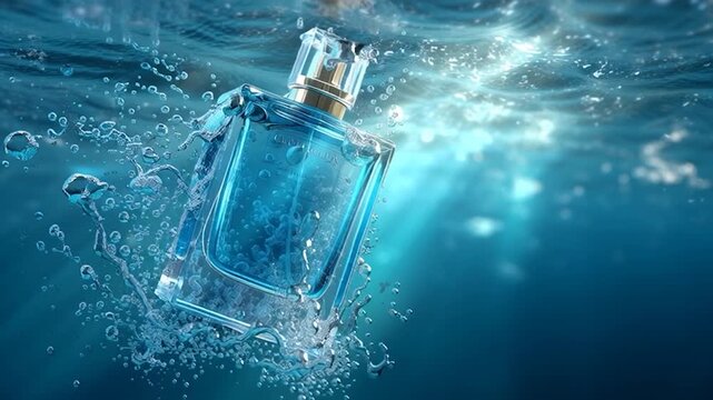 Aqua perfume bottle blue water air bubble underwater splash glass container gold sprayer luxury scent fresh fragrance marine light clean design blue perfume bottle clear water splash elegant design