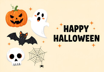 Cute halloween characters and happy halloween text