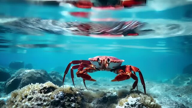 A vivid underwater scene featuring a red and white crab swimming over a coral reef.