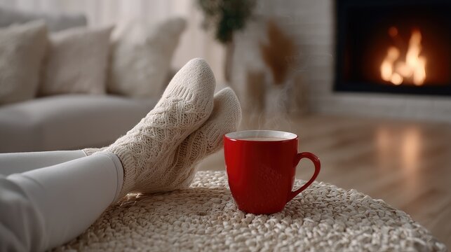 Feet in warm, patterned socks rest on a cozy couch with a cup of coffee nearby, while a crackling fire adds to the comfort of the scene