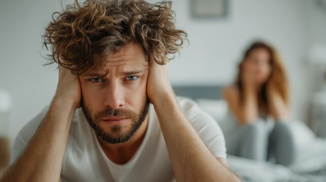 Man sitting on bed with head in hands, woman blurred in background, symbolizing relationship problems, conflict, argument, stress, and emotional distress in couple