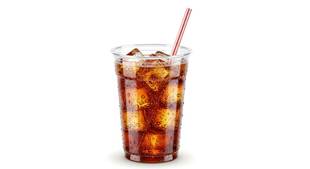 Tall glass of iced cola with red and white straw isolated on transparent background