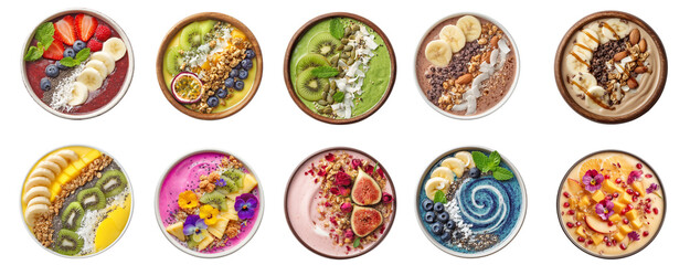Vibrant top view assortment of acai and smoothie bowls with tropical fruits, granola, and edible flowers, isolated on transparent background for healthy food mockup or menu design