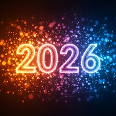Vibrant neon 2026 numbers with colorful bokeh background