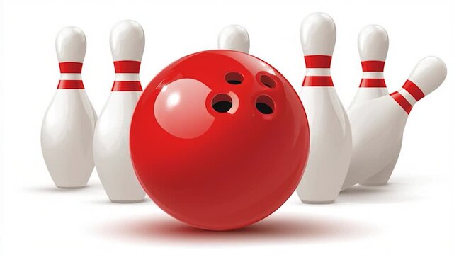 Red bowling ball strikes pin sport lane energetic alley game action and impact, glossy vector cartoon style shows competition excitement as ball smashes pins clean strike with playful energy